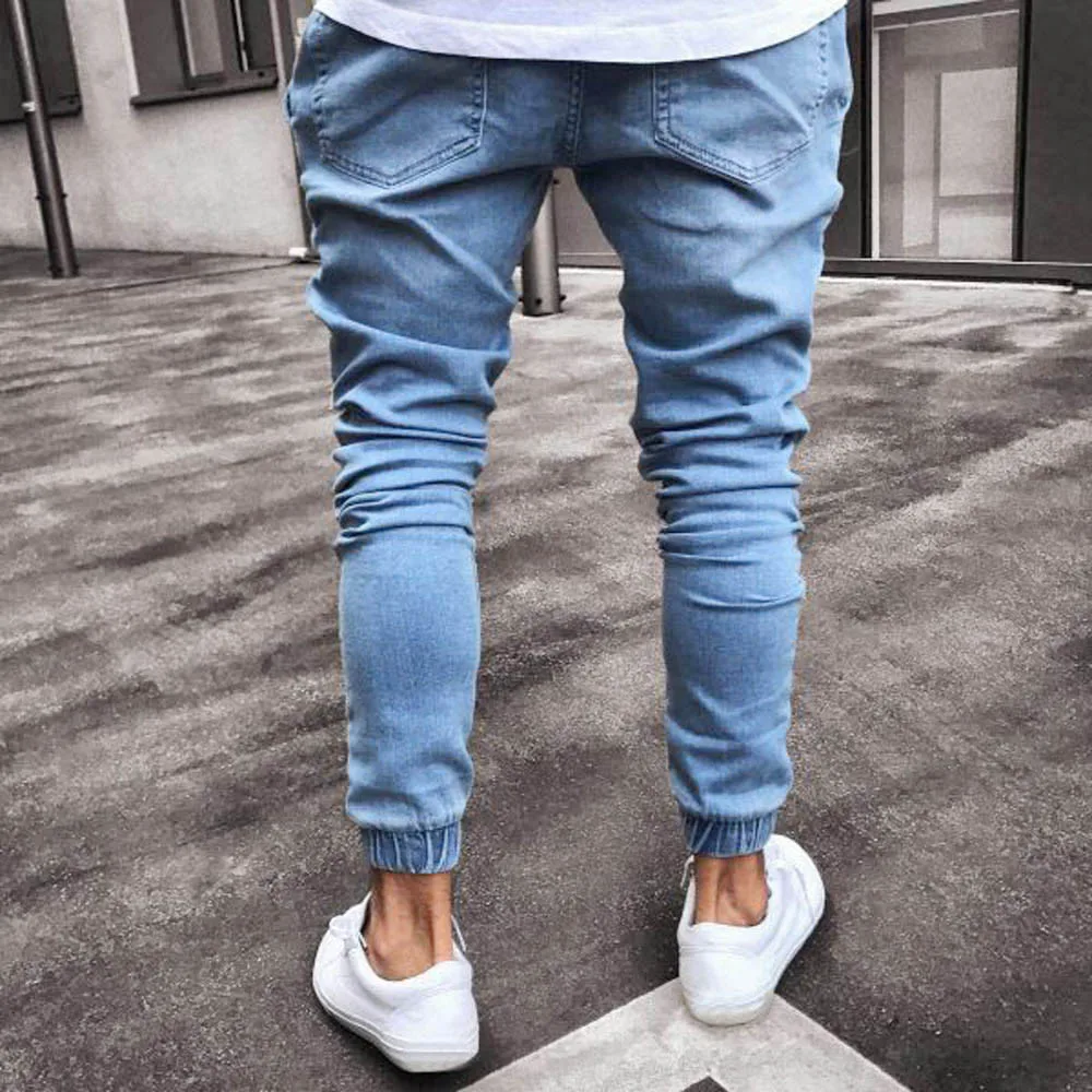 2018 для мужчин новый джинсы однотонные тонкий Стрейчевые джинсы эластичный Slim Fit джинсовые штаны повседневное длинные мотобрюки c0313