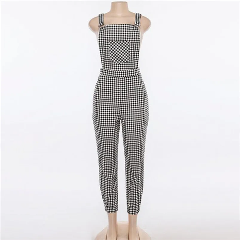 Women Autumn jumpsuit Sleeveless Polyester Dungarees Loose Plaid Long Playsuit Jumpsuit Pants Black Trousers R08 (1)