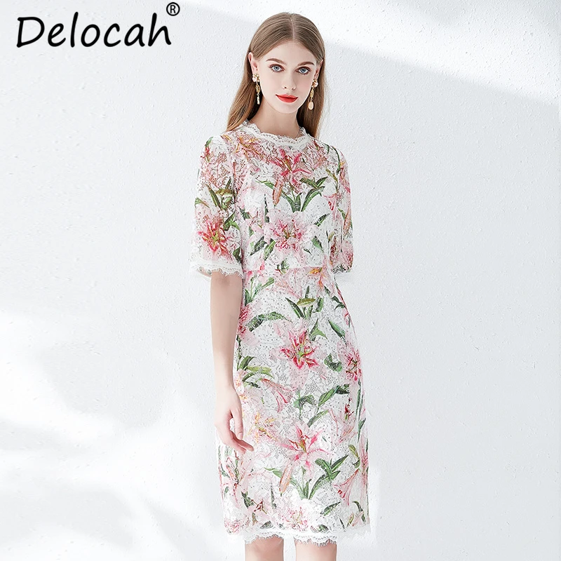 

Delocah New Women Summer Dress Runway Fashion Designer Half Sleeve Sequined Lace Floral Print Elegant Casual Holiday Midi Dress