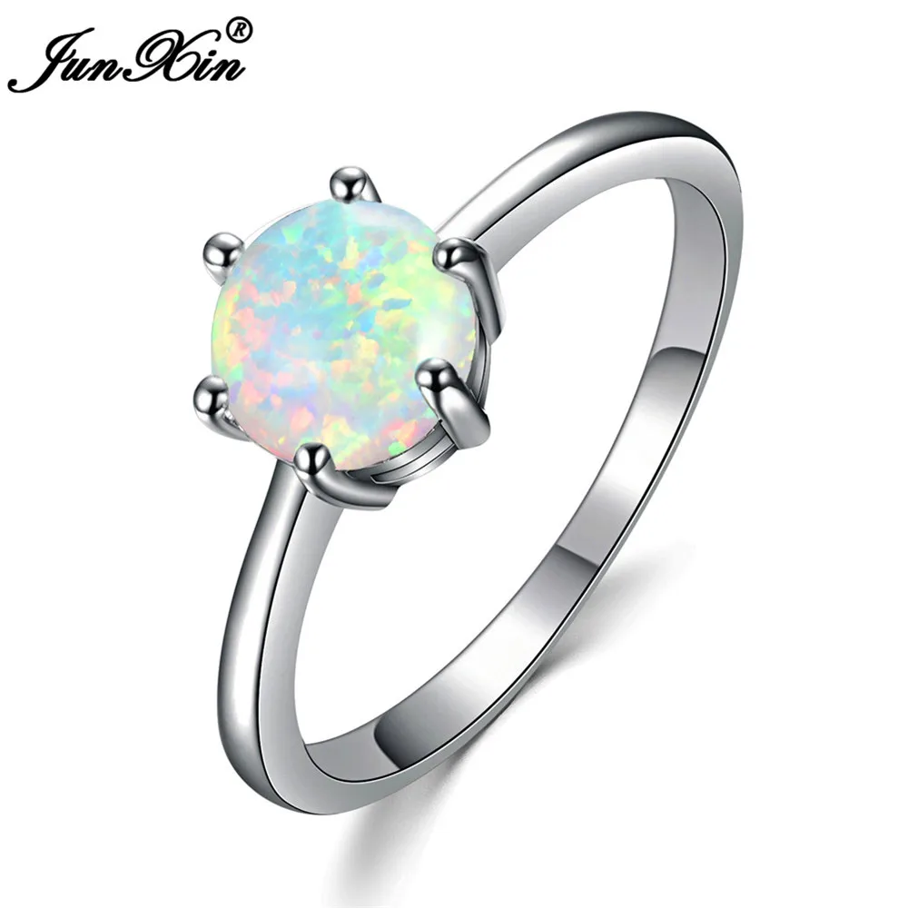 

JUNXIN 2018 Fashion Male Female Small Round Ring Boho Blue/White Fire Opal Stone Ring Promise Engagement Rings For Men And Women