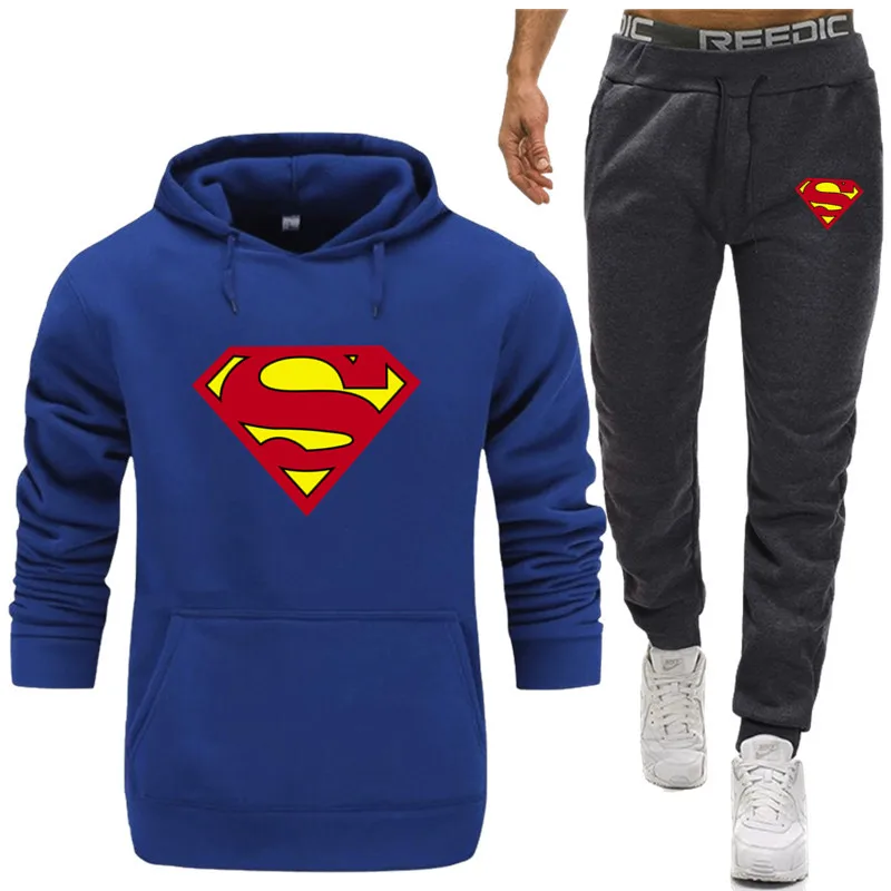 

Hot Sale Superman Tracksuit men thermal underwear Sportswear Sets Fleece Thick Sporting Suit hoodie+Pants Sporting Suit Male