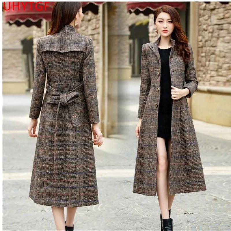 

High quality New long coat women slim Woolen coat Autumn Winter elegant women coats Large size lattice Ladies cashmere coats 848