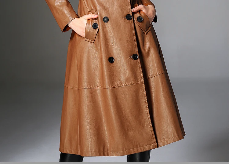 HANZANGL кожаная куртка весна осень двубортное Женское пальто куртка модный тонкий Тренч из искусственной кожи Длинная Верхняя одежда