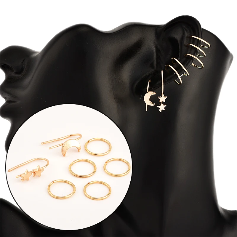 2018 New Arrival 7PCS/Set Star Golden Allergy Free Earring Hoop Earrings for women Exquesite Moon Circle Girls Women Hot Sale | Украшения и