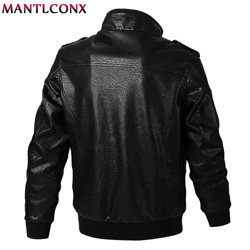 MANTLCONX Winter New Motorcycle Biker Bomber Leather Jacket Men Stand Collar PU Jacket Men Thick Leather Jacket Coats M-6XL