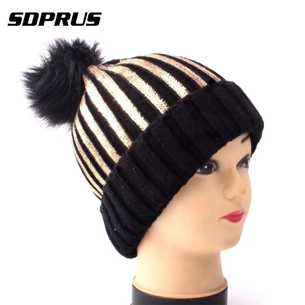 

Winter Pompom Hat for Women Adult Female Knitted Wool Silver Bronzing Warm Hat Fashion Girl Thick Cap New