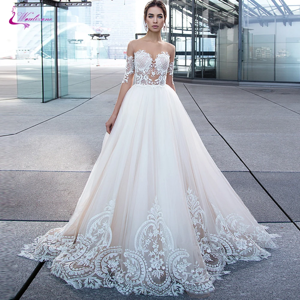 

Waulizane Vintage Scoop Neckline A Line Wedding Dress With Skin Color Half Sleeve Bridal Dress