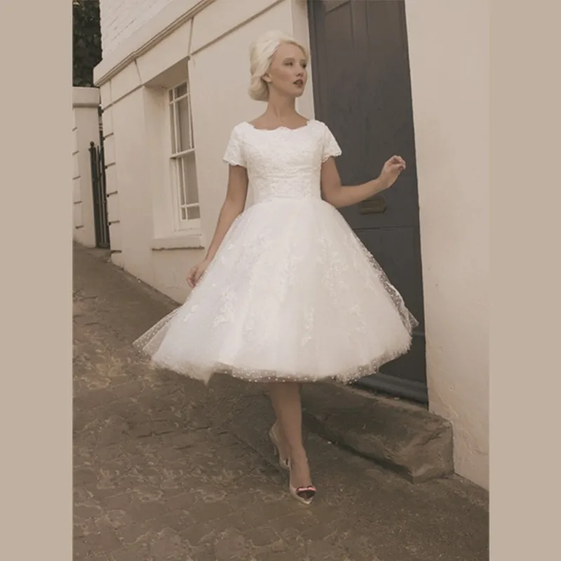 Short Wedding Dresses Lace 2015 Short Sleeve Bridal Gown