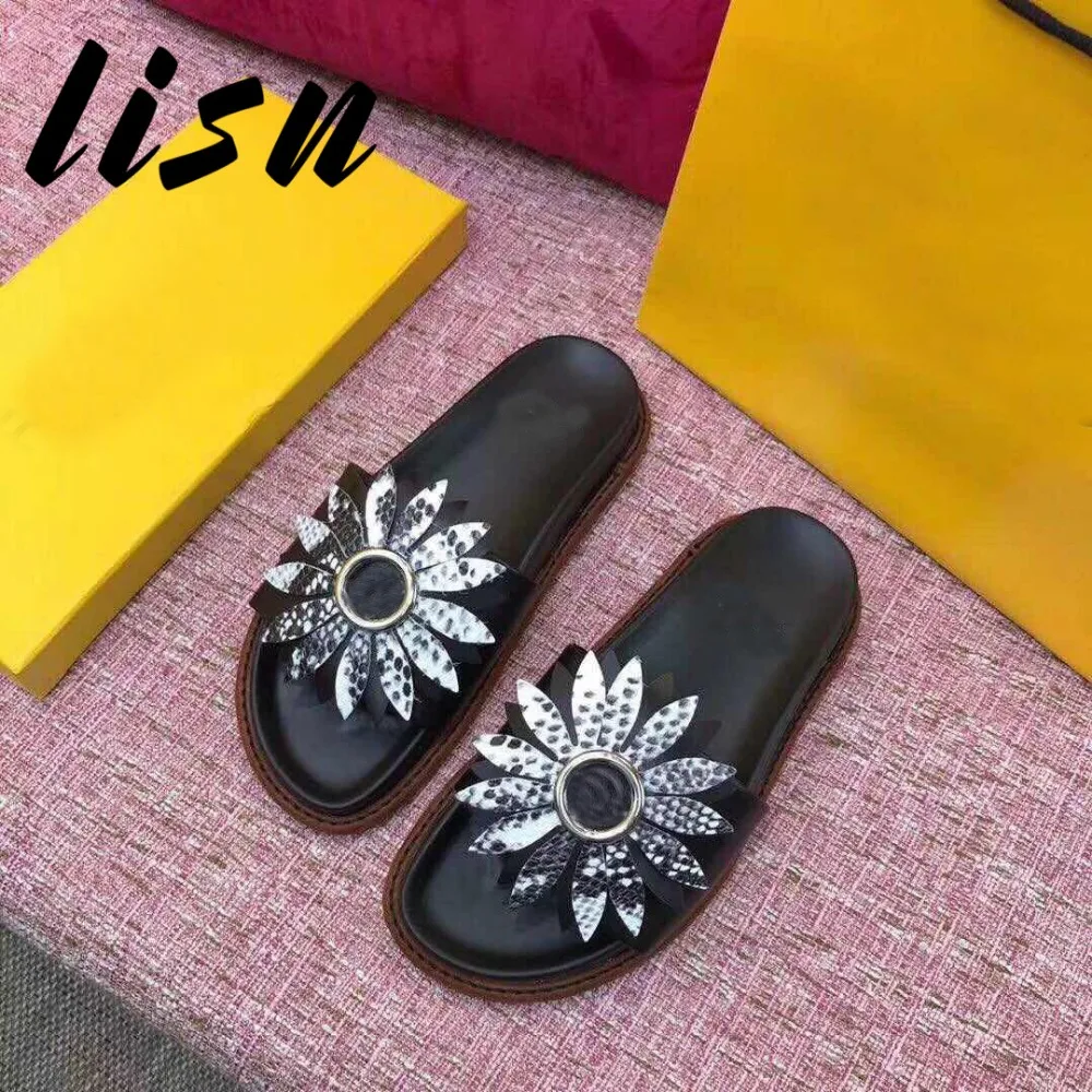 

LISN Brand Genuine Leather Floral Summer Slippers Open Toe Slip On Ladies Beach Sandal Slippers Shoes Women