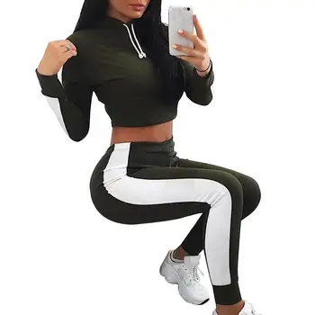 

Women Color Splicing Casual Sport Long Sleeve Hooded Short Top Pants Outfit Set
