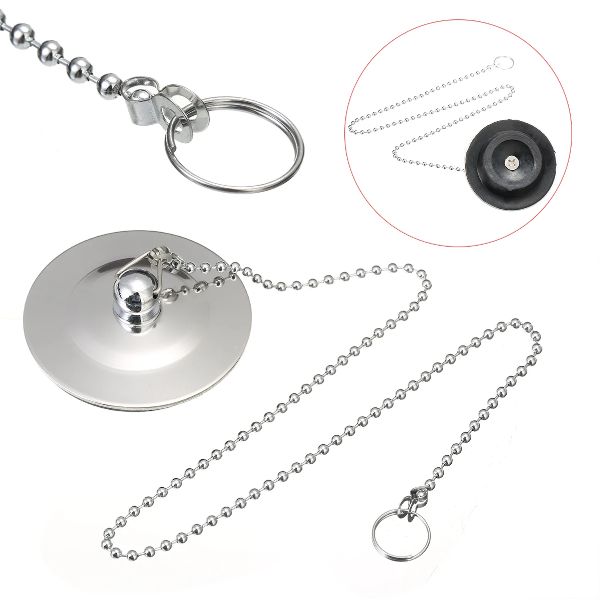 1pc Chrome Sink Bathtub Stopper Solid Metal Waste Plug Stainless Steel Plug Drain Filter with Chain Kitchen Tool