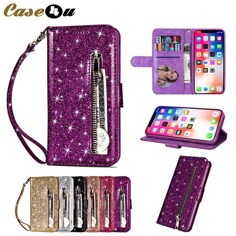 Glitter Leather PU Flip Zipper Case for iPhone 7 8 6s Plus X XS Max XR