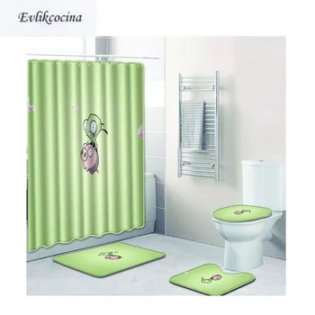 

Free Shipping 4Pcs Cartoon Pig Fish Banyo Paspas Bathroom Bath Mats Set Green Tapete Banheiro Washable Toilet Rugs Alfombra Bano