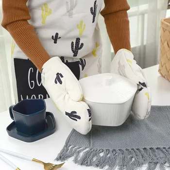

Long Cotton Linen Apron & Baking Gloves Home Kitchen Cooking Gardening Painting Crafting Work Wear Florist Barista Uniform D9