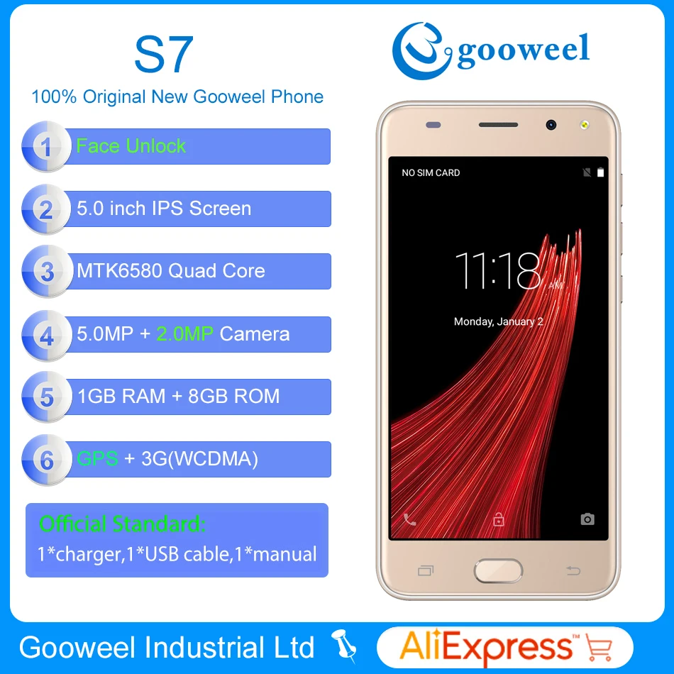 Gooweel S7 3g смартфон MTK6580 четырехъядерный 5 0 дюймов ips экран Лицо ID мобильный телефон