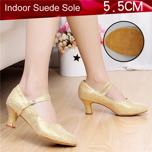 Женская танцевальная обувь с закрытым носком; блестящие Бальные вечерние туфли для танго; современные танцевальные туфли на каблуке для женщин; закрытый Каблук 3,5/5,5 см - Цвет: 5.5cm-Gold