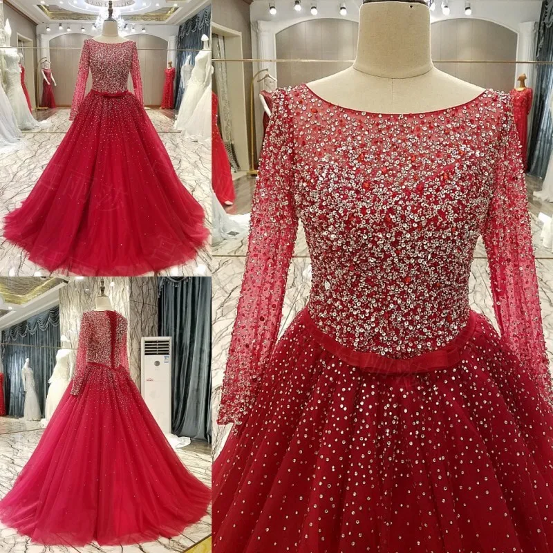 

2018 Real Photos High Neck Muslim Evening DressesWith Long Sleeves Beading Crystal Sparkly Evening Gown Robe De Soiree red