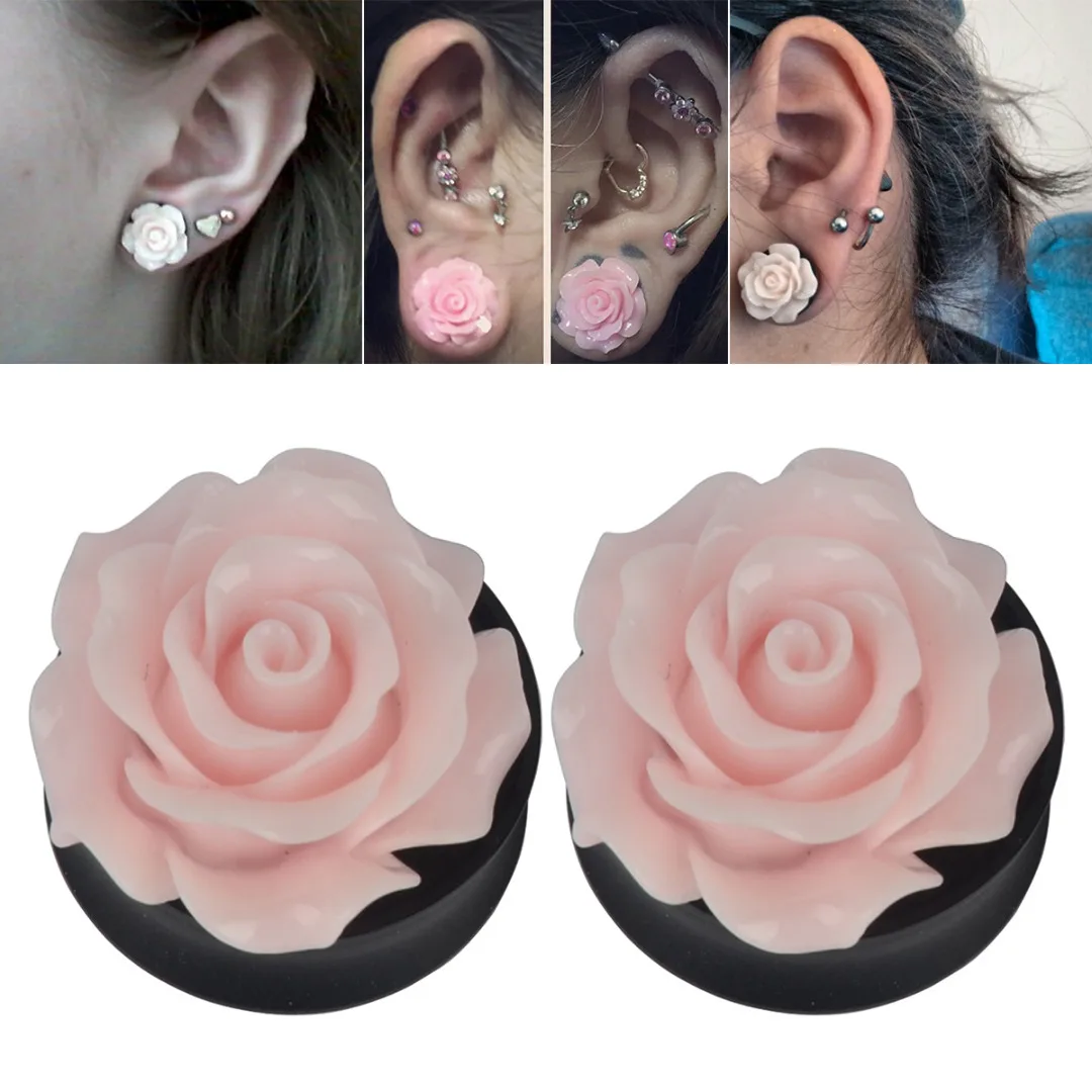1Pair Rose Acrylic Double Saddle Ear Plugs Fashion r Ear Gauge Plugs Tunnels Stretcher Expander For Women Jewelry 8mm-25mm