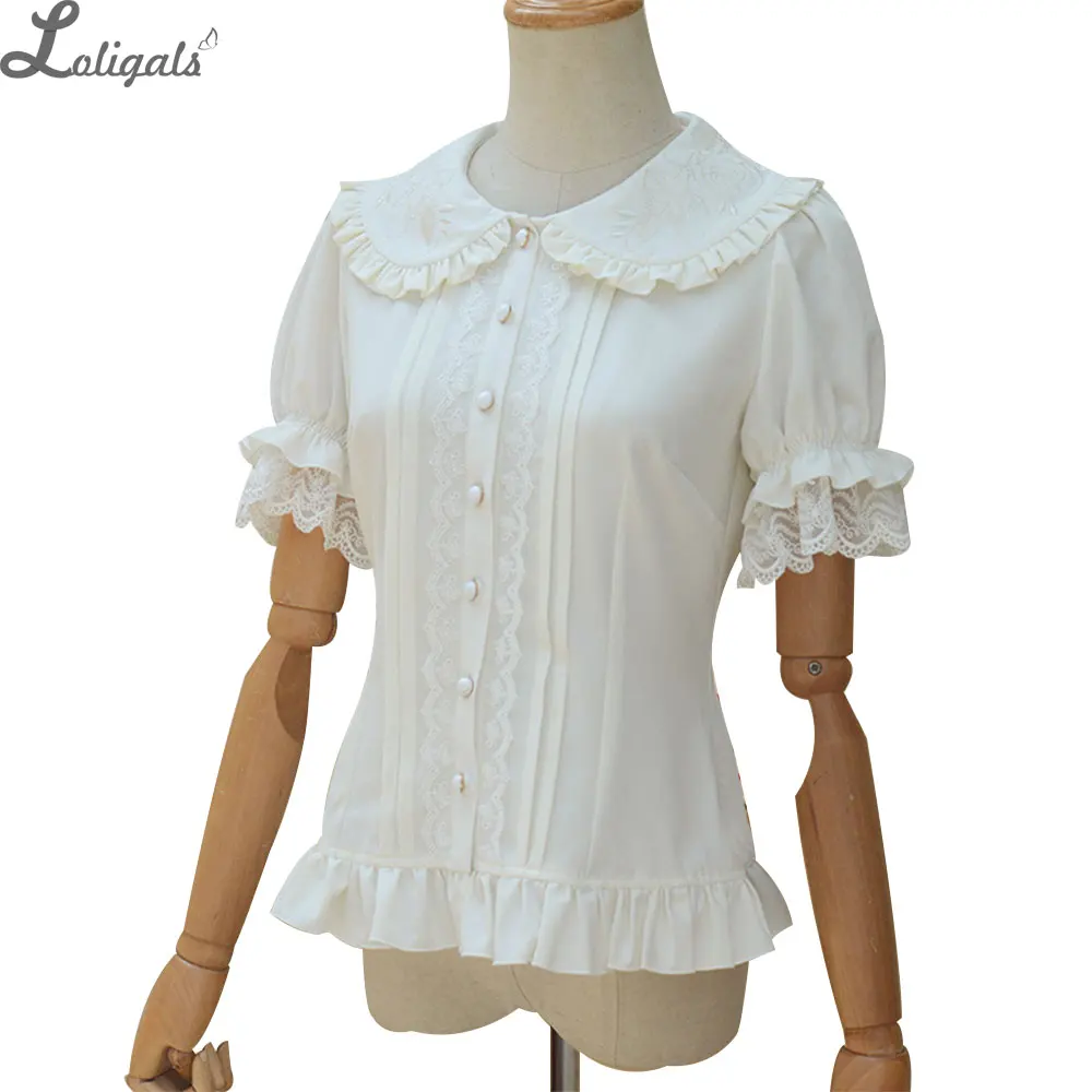 Susse Lolita Hemd Short Puff Sleeve Blume Bestickt Peter Pan Kragen Weiss Ruschen Bluse Fur Damen White Ruffle Blouse Ruffle Blouselolita Shirt Aliexpress