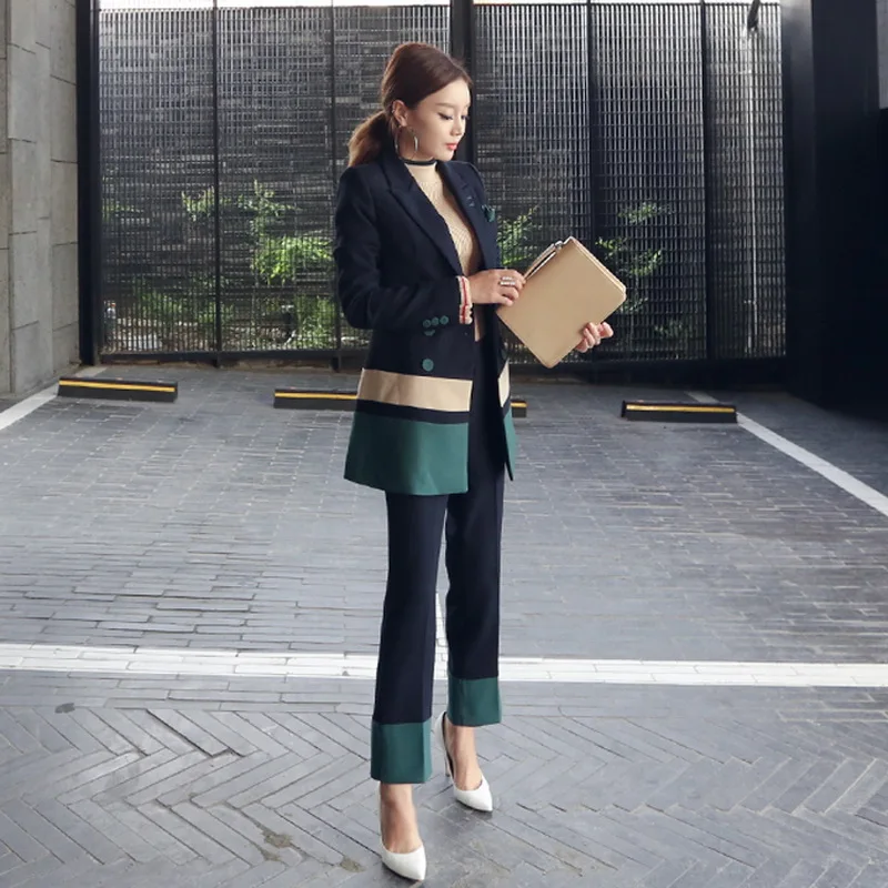 

Blazer Jacket 2 Piece Set Long Pants Suits Office Uniform Designs Women Autumn Patchwork Double Breasted Female Business Suit