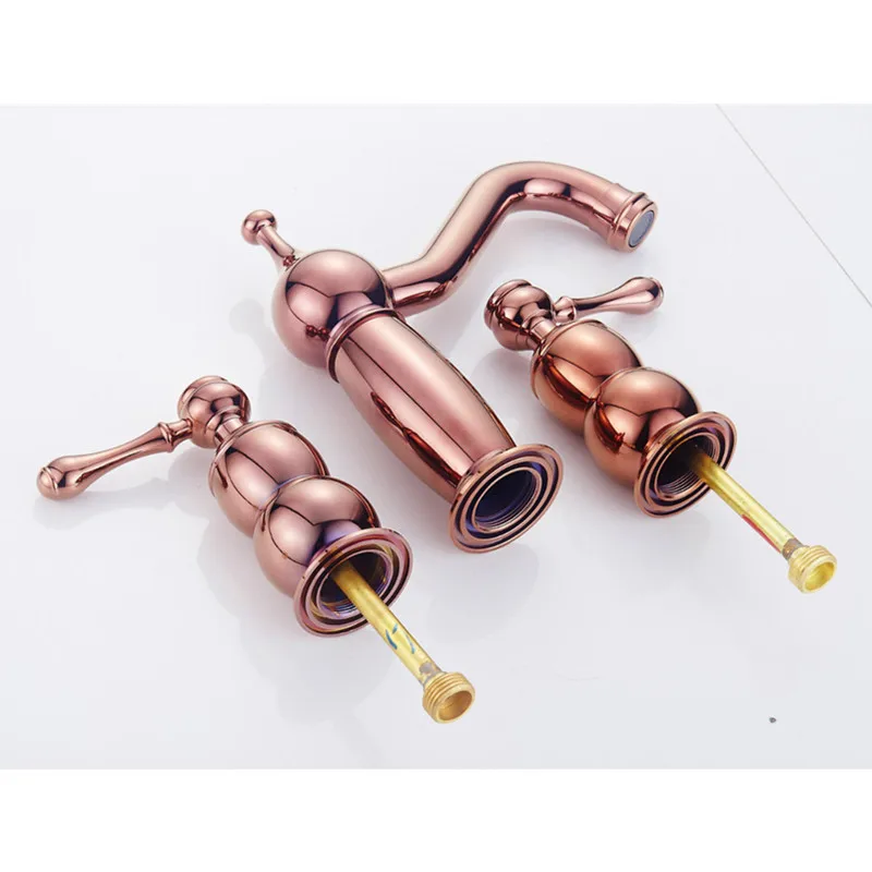 الحمام الغرور بالوعة 3 حفرة مقبضين على نطاق واسع صنبور ، الفاخرة روز الذهب