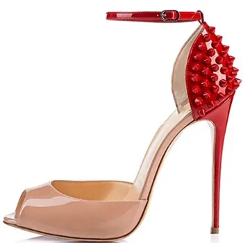 

SHOFOO shoes,Beautiful fashion , lacquer fabric, rivet decoration, about 11 cm high-heeled sandals, women's sandals. SI