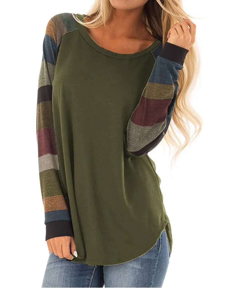 

Hitmebox 2019 New Spring Autumn Womens Round Neck Color Block Long Sleeve Tunic Sweatshirt Casual Loose Striped Top Basic Tshirt