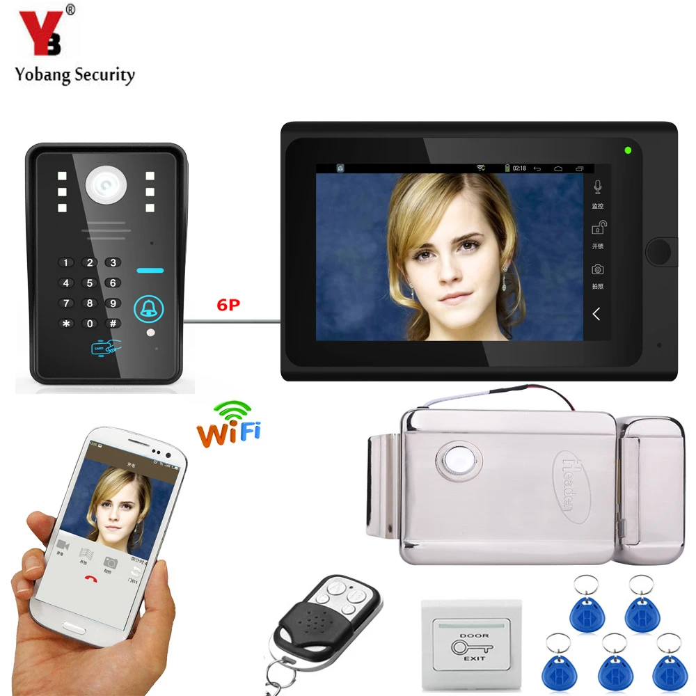 YobangSecurity видеодомофон 7 дюймов монитор Wifi беспроводной видео дверной звонок комплект RFID пароль + дверной замок + блок питания