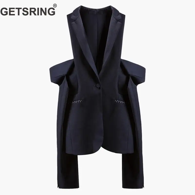 

GETSRING Women Blazer Removable Sleeves Single Button Ladies Blazer Jacket Irregular Suit Coat Spring 2019 Multi-Ways Wearing