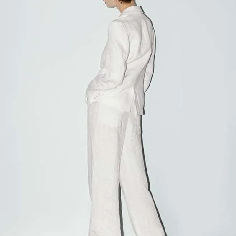 White Women's Pant Suit Double Breasted Notched Office Lady Blazer Jacket & Trouser Female Suits Long Sleeve 2 Piece Set Women