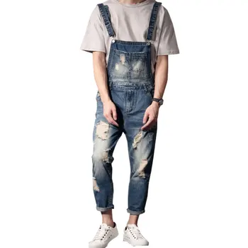 

New Men'S Plus Size Jeans Overalls Large Size Huge Denim Bib Pants Fashion Pocket Hole Jumpsuits Ankle Length Male 4Xl 3Xl