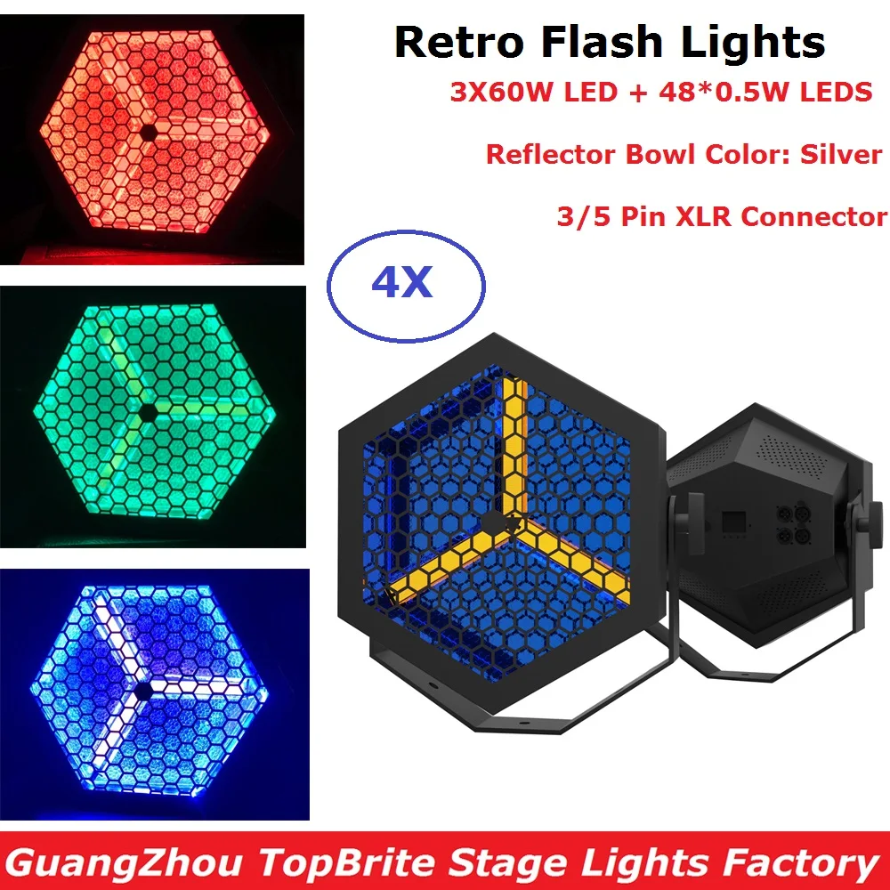 

4Pcs Flat Par Lights 3X60W Warm White + 48X0.5W RGB 3IN1 LED Retro Flash Lights DMX Stage Par Cans 3 PIN XLR Connector Dj Lights