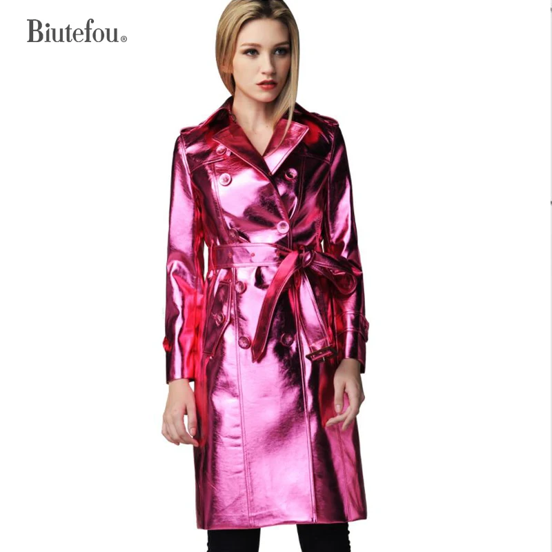 

2019 Spring and autumn faux leather metal color long coats women fashion spliced adjustable waist coats