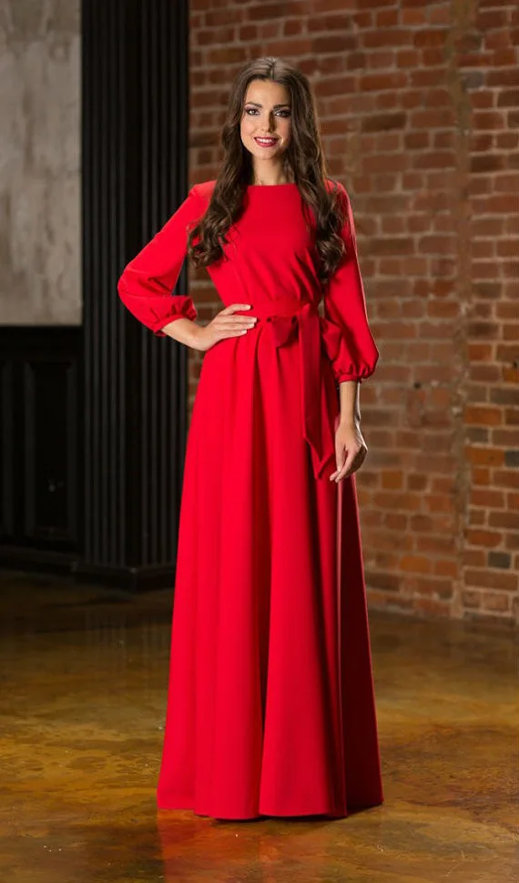 Элегантное женское платье, Осеннее повседневное свободное платье размера плюс, высокая талия, вырез лодочкой, одноцветное платье с длинным рукавом и бантом для офисных леди - Цвет: Красный