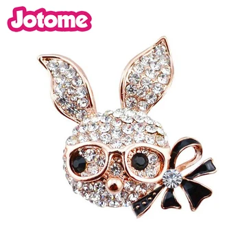 

New present Girls dress crystal rhinestone Cute enamel rabbit head bow brooch animal easter pin