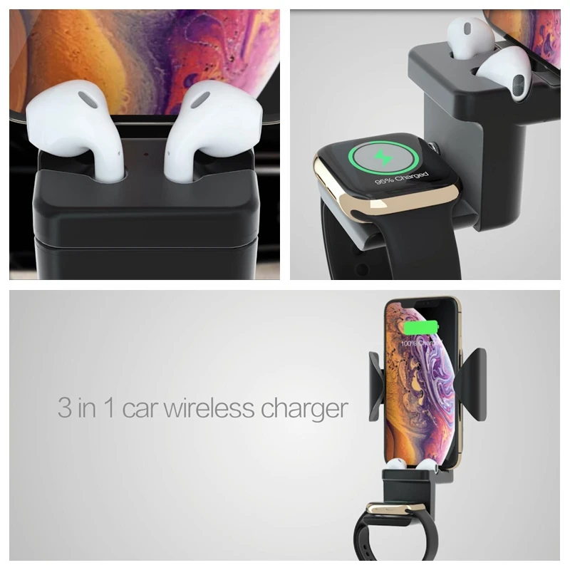 Автомобильное беспроводное зарядное устройство QI для iPhone Airpods Apple Watch iWatch 1 2 3 4 Быстрое беспроводное зарядное устройство Автомобильный держатель с креплением на вентиляционное отверстие 7,5 Вт 10 Вт