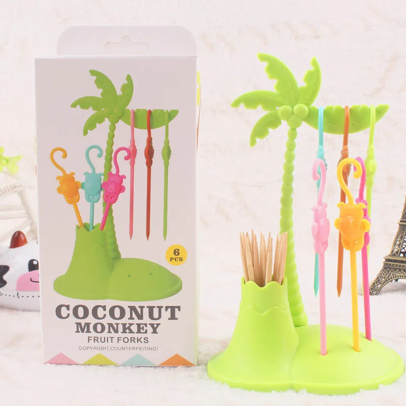 FHEAL Cute Coconut Tree Monkeys Creative Fruit Fork Set Plastic Fruit Forks Vegetable Fruit Dessert Fork Set Toothpick Holder (7)