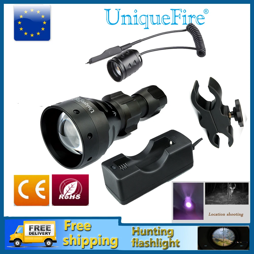 

UniqueFire 1504 Hunting LED Flashlight Adjustable 3 Modes 850nm IR LED Torch+Charger+Rat Tail+Scope Mount For Outdoor Camping