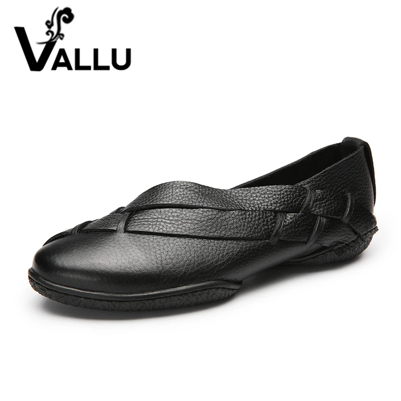 

2018 VALLU Handmade Shoes Women Flats Genuine Leather Round Toes Slip On Woman Loafers Plus Size 42