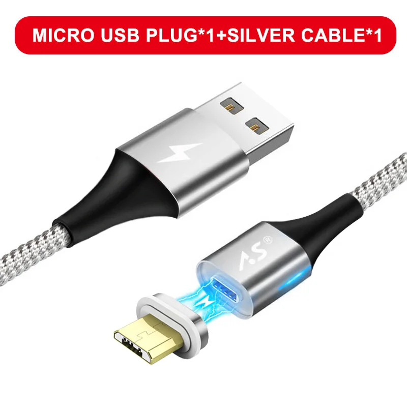 A.S светодиодный магнитный USB кабель для iPhone Micro USB кабель USB C магнит быстрое зарядное устройство нейлоновый кабель для передачи данных для samsung Xiaomi huawei - Цвет: Silver for Micro