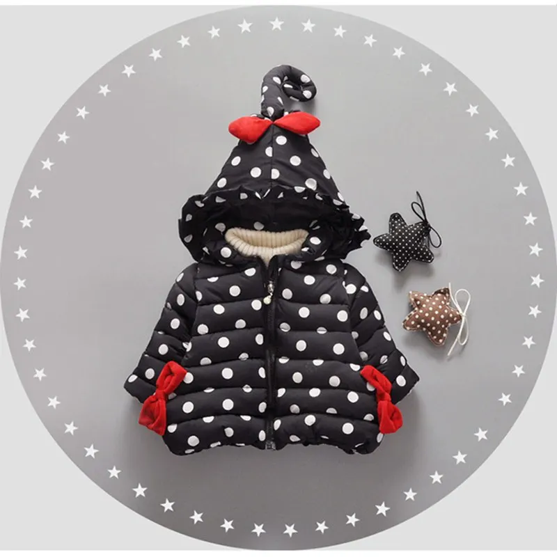 Baby girl Coat In Winter Zipper hooded Polka dot long tail hat Bow-tie pockets  cotton-padded jacket for Kids Children warmed up (29)