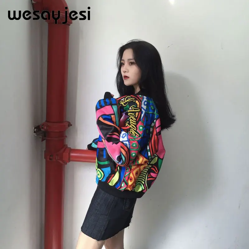 2018 Boho Vintage Floral Print Bomber Jacket Women Coat streetwear O-Neck Long Sleeve Streetwear Outwear Casual Casaco Feminino Coats