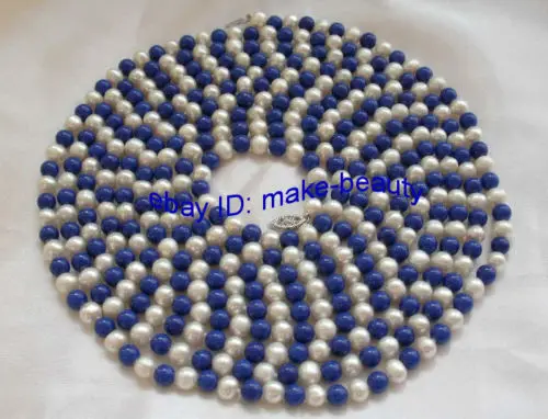 

Free shipping@@@@@ stunning 100" 7mm round white freshwater pearls blue lapis lazuli necklace g146