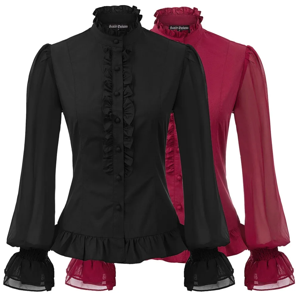 

Women Lolita Lotus Ruffle Shirt Stand-up Collar Retro Victorian Steampunk Gothic Blouse Vintage Tops