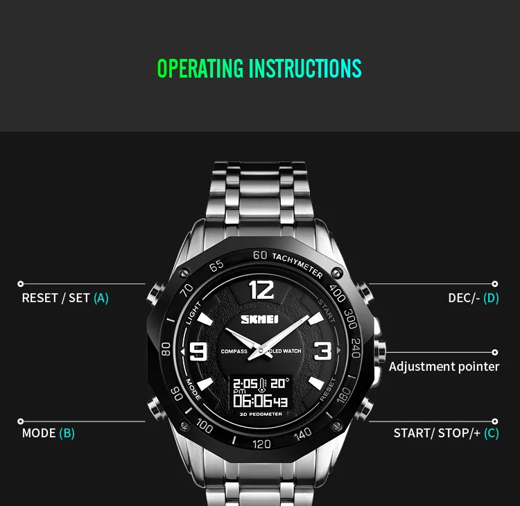 SKMEI Watch Men Dual Display Watches Compass Alarm Calorie Calculation Man Quartz Wristwatches relogio masculino not Smart 1464