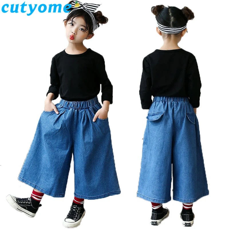 

Children Clothes Set 2019 Spring New Baby Girls Sweatshirt Top+Wide Leg Denim Pants Outfits Teenage Streetwear 5-16Year Clothing