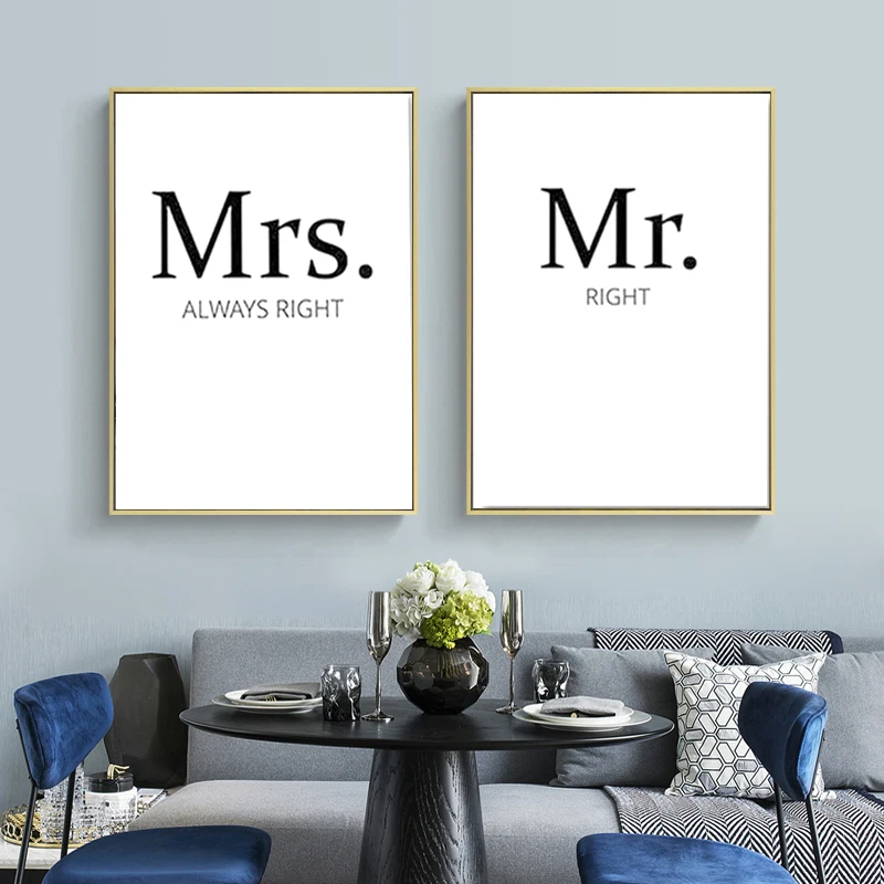Черно белые кавычки холщовые картины Mr Right Mrs Always Couples настенные художественные