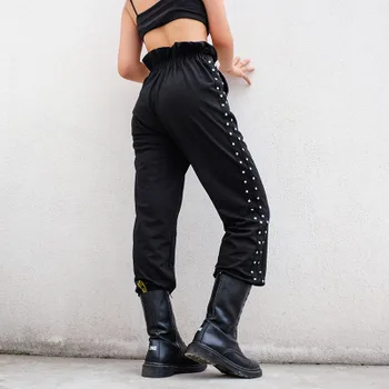 

High Waist Straight Pants Female Loose Elastic Waist Trousers Black Cotton Casual Buckle Belt Rivet Streetwear Pants