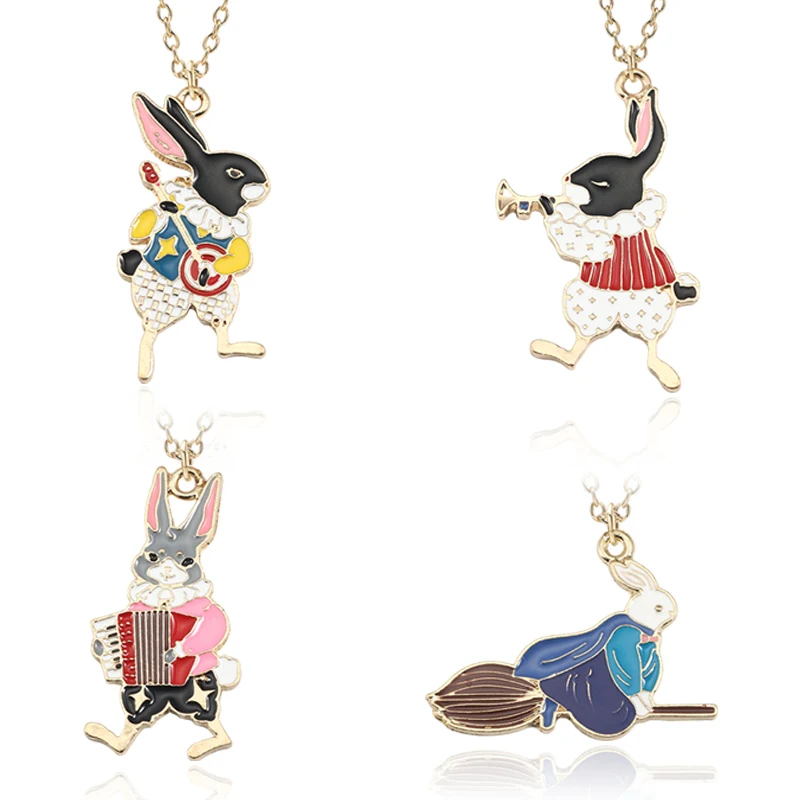 

Trendy Alice In Wonderland Necklace Music Band Guitar Trumpet Accordion Broom Rabbit Pendant Enamel Animal Choker Jewelry Colar