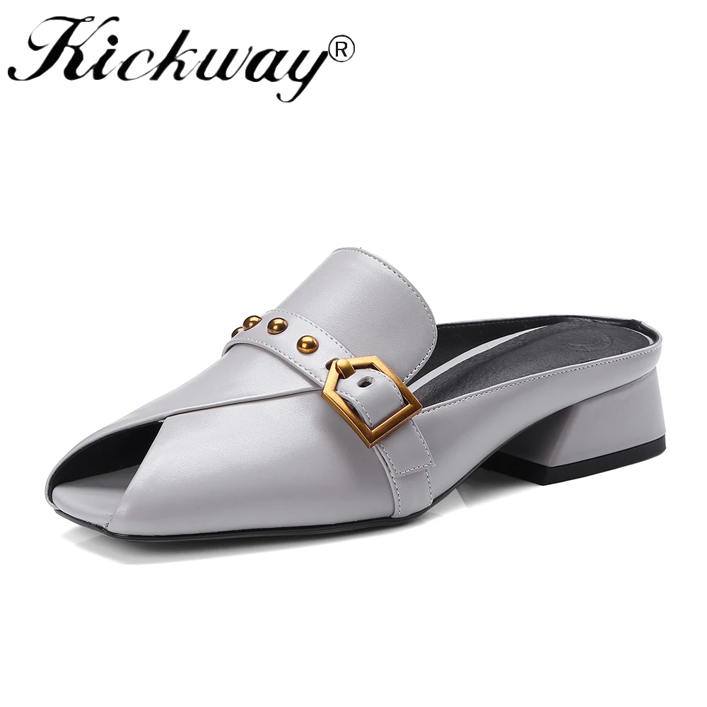 

Kickway Women Flat Shoes Brand 2018 Fashion Mules For Women Genuine Cow Leather Open Toe Slip On Flip Flops Women Slipper Size42
